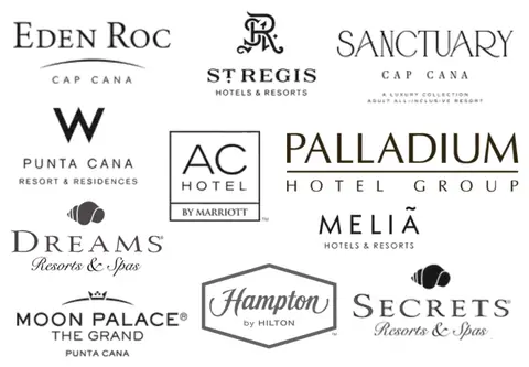Eden Roc Cap Cana, St. Regis, Sanctuary Cap Cana, W Punta Cana, AC Hotel by Marriott, Palladium Hotel Group, Dreams Resorts & Spas, Meliá, Moon Palace The Grand, Hampton by Hilton, Secrets Resorts & Spas